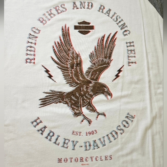 Harley-Davidson Riding Bikes Raising Hell Long Sleeve Cream Rhinestone Top Sz 1X - Picture 9 of 11